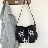 HULIANFU 2025 Women's bag new large-capacity canvas casual messenger five-pointed star contrasting color drawstring Korean version shoulder bag student satchel
