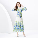 Flower series spring women's popular new high-end printing slim-fitting long  bubble sleeve temperament dress