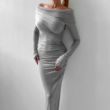 2025 Sexy slim cotton knitted one-word neck hip-wrapped high-waisted dress popular  autumn fashion new long dress