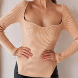 HULIANFU spring elegant sexy square neck knitted pullover slim arc hem slit solid color knitted women's sweater