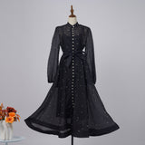 Popular style heavy industry diamond lantern sleeves strap waist single-breasted dress socialite elegant  dress