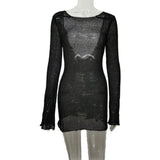 HULIANFU New summer  new knitted sexy big halter beach vacation dress long sleeve hollow perspective women's clothing