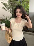 2025 summer new versatile round neck bottoming knitted sweater three-dimensional flower short-sleeved T-shirt women's top 25E05