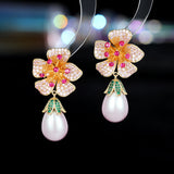 2025 retro court style exaggerated atmospheric earrings female zircon inlaid three-dimensional flower water drop pearl earrings