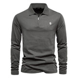 HULIANFU 2025 autumn and winter new long-sleeved POLO shirt embroidered men's casual solid color top zipper lapel pure cotton polo