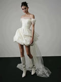 2025 Simple white dress skirt light wedding dress female bride travel photography go out yarn short  one-word shoulder light luxury niche