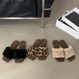 2025  Retro leopard print square head fluffy slippers women's outer wear popular autumn new temperament fluffy lazy one-word cotton drag