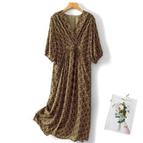 summer new seven-quarter-sleeved literary and retro printing  medium-sleeved temperament cross-neck coffee break dress