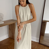 2025 Khaki cotton and linen sleeveless neck high waist A pendulum dress popular  summer breathable fashion new long dress