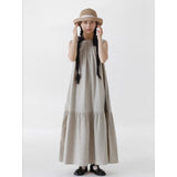 Cotton and linen cotton vertical strip  summer new temperament back collar slit small neckline fishtail pendulum vest dress
