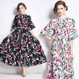 Popularan large size New women's clothing printing heavy industry beaded pleated long dress pleated skirt temperament dress women