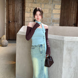 2025 popular autumn new pure desire one-word shoulder rose scarf long-sleeved knitted sweater women's top 23198
