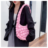 HULIANFU 2025 Nylon cloth pleated cloud bag girl girl sweet pink bubble bag Japanese and Korean popular single shoulder underarm puff bag