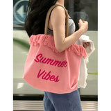 HULIANFU 2025 Bag women's new Korean embroidered letters large-capacity commuter bag fringed canvas bag shoulder tote women's bag