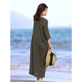 summer new fashion loose large size cotton and linen dress literary v-neck five-quarter sleeve thin solid color dress