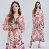 Real shot, elegant and sexy, high waist V-neck pendulum, elastic cuffs, positioning printing, bubble sleeve A-shaped dress.