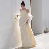 2025 Korean light wedding dress satin neck niche design high sense white certificate registration banquet temperament evening dress women