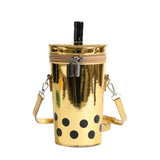 HULIANFU 2025 High-value milk tea cup bag women's summer new metal patent leather polka dot bucket bag ins wind cute messenger bag