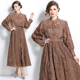 celebrities dress lantern sleeves embroidered shirt women's high-end sense hollow lace splicing skirt set