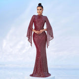 2025 high-end long-sleeved temperament round neck sexy long sequined banquet evening dress bridesmaid dress women