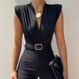 2025 New sexy babes sleeveless pleated onesie, spring fashion temperament V-neck loose and versatile bottoming shirt