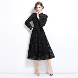 Court style dress women's clothing  new  heavy industry lace splicing stand-up collar single-breasted waist dress skirt