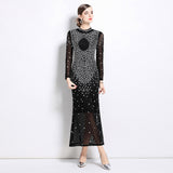 style sexy hot girls dress women's long-sleeved crew neck mesh stitching diamond-set slim-fitting slim-looking hip-wrapped dress tide