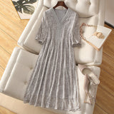 2025 Heavy Industry Bead Embroidery 100 Mulberry Silk Dress V-Neck Silk Long Skirt, New Chinese Large Size Women's Summer