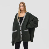 2025 Cross-border wholesale geometric shape contrasting color sweater cardigan autumn and winter popular new pocket loose women's sweater lazy