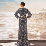 2025 new high-end long-sleeved V-neck banquet sequined hip-wrapped split evening dress bridesmaid dress women