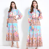 Popular trade women's clothing 2025 court style retro flower printing long-sleeved ruffle edge long dress chiffon two-piece set