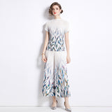 popularT-shirt women's new high-end niche age-reducing suit pleated versatile top loose and thin pleated pants