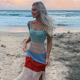 HULIANFU New summer 2025 INS style sexy vacation dress sleeveless suspender contrasting color side split hollow dress long dress women