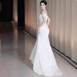 2025 Light wedding dress shoulder high-end niche satin engagement dress  bride wedding welcome out yarn fishtail dress