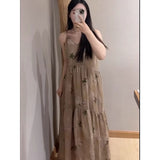 Cold wind cotton and linen suspender floral dress women's  summer new temperament thin medium and long dress women's doll skirt