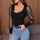 women's clothing popular summer new U-neck mesh yarn sleeve splicing solid color versatile and thin temperament T-shirt women's clothing top