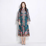 Hot trade New women's clothing export 2025 spring and summer new stand-up collar horn sleeve ethnic lace splicing long jumpsuit