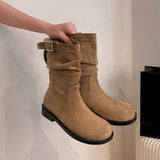 2025  Wasteland Martin Boots Women's Retro British Pleated Pile Boots Medium Tube Round Head Skinny Short Boots