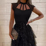 HULIANFU popular New new black fashion temperament scarf collar mid-waist short skirt perspective mesh dress