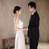2025 light wedding dress bride simple  new high-end satin suspender out yarn collar engagement dress skirt