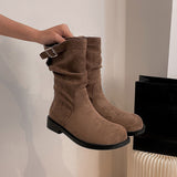 2025  Wasteland Martin Boots Women's Retro British Pleated Pile Boots Medium Tube Round Head Skinny Short Boots
