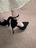 2025  Summer popular new dress rhinestone bow pointed waterproof table temperament beautiful high heels women's stiletto black