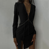 2025 design sense irregular slit short skirt women's  summer new long-sleeved hollow V-neck strap dress