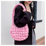 HULIANFU 2025 Nylon cloth pleated cloud bag girl girl sweet pink bubble bag Japanese and Korean popular single shoulder underarm puff bag