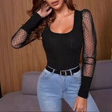 women's clothing popular summer new U-neck mesh yarn sleeve splicing solid color versatile and thin temperament T-shirt women's clothing top