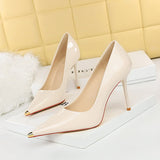 2025 9283-6  style sexy and thin high heels, thin heel, super high heel, glossy patent leather, light mouth metal pointed single shoes
