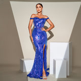 2025 new high-end temperament sleeveless one-word collar banquet hip-wrapped sequined split evening dress dress women