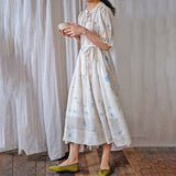 clear summer gentle wind dress, ramie floral pleated lace-up dress, Mori skirt 220622