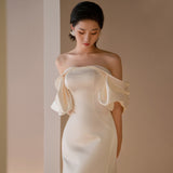 2025 light wedding dress  new bride retro shoulder white satin fishtail dress manufacturer wholesale supply