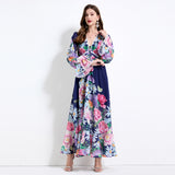 2025 niche vacation style deep V-neck lace splicing dress women's high waist and thin ruffle edge printed long dress